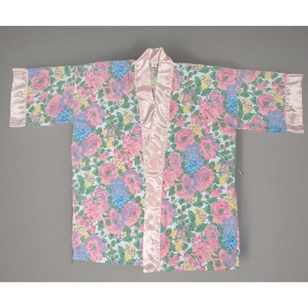 Vintage 90s Victoria's Secret Pink Floral Satin Lingerie  Kimono Robe O/S